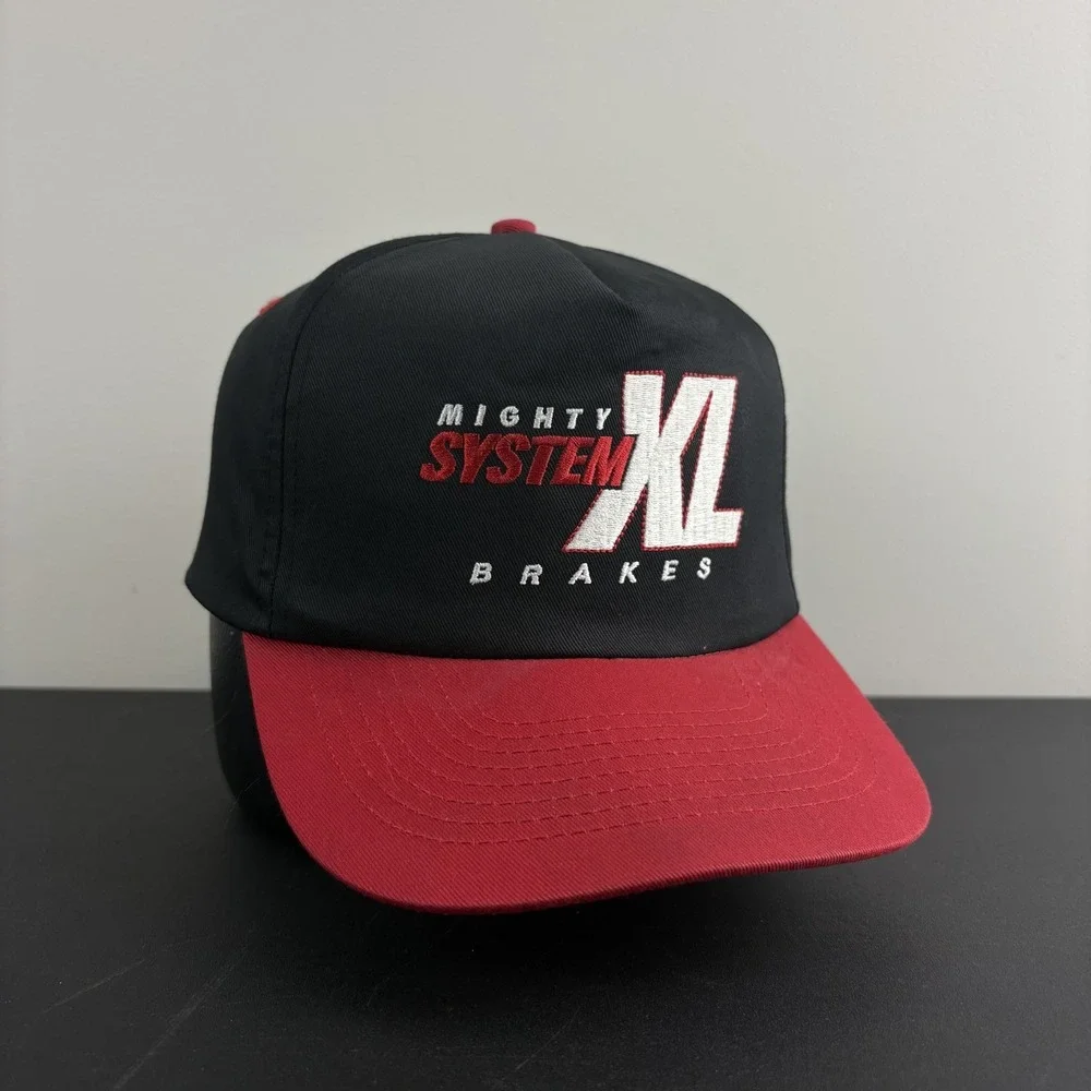 Vintage 90s Mighty System XL Brakes Snapback Hat Red Black Trucker Mechanic Cap